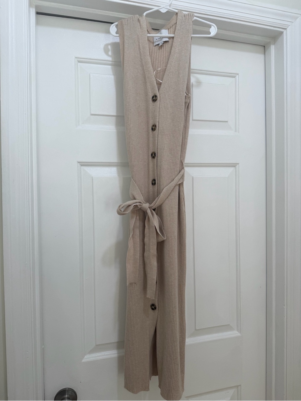 Sleeveless Ribbed Button-Front Dress in Beige